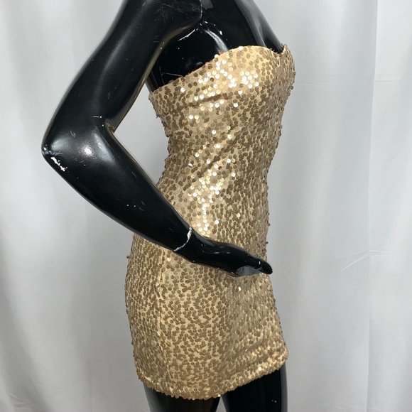 Symphony Gold Sequin Mini Strapless Dress - Picture 2 of 8